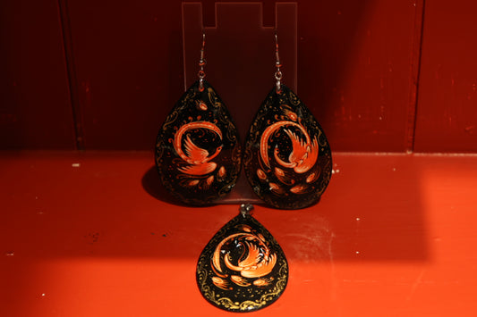 Set di gioielli dipinto a mano con l’Uccello di Fuoco, gioiello artistico, idea regalo elegante.